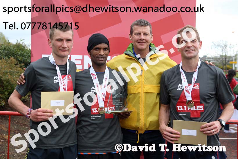 From left to right: Derek Hawkins (Leeds) 2nd, Yared Hagos (Wallsend) winner, Steve Cram and James Bullman (New Marske) 3rd in the Sunderand City Half Marathon. Photo: David T. Hewitson/Sports for All Pics
